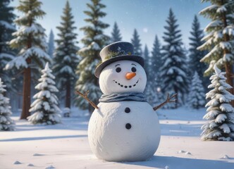 Obraz premium Happy snowman surrounded by snowflakes and pine trees in a winter wonderland, frosty forest, snowflakes, winter wonderland