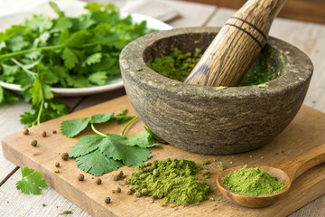 Hand-ground herbal powder in a traditional stone mortar on wooden background