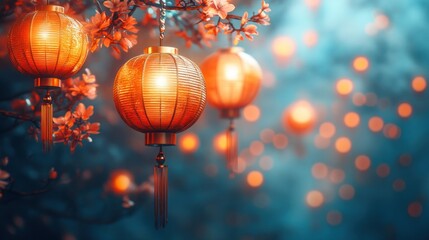 Fototapeta premium Illuminated lanterns hanging on a tree branch at night, festive bokeh background, Asian celebration