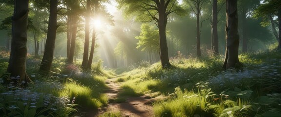 Naklejka premium Lush green forest with sunlight filtering through trees, surrounded by wildflowers and foliage , outdoor poster mockup, scenery, landscape