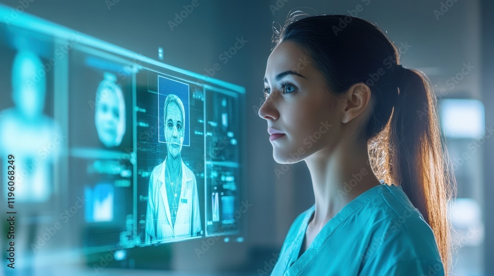 Poster female healthcare professional using advanced technology to analyze patient data on a holographic di