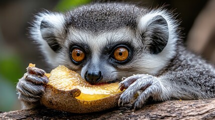 Lemur eating fresh and juicy fruit