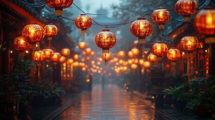 Obraz premium Rainy Asian Street, Lanterns, Temple, Fog, Travel