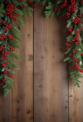 Rustic wooden background with garlands of evergreen branches and red berries,  Wooden background,  Red berries,  Winter wonderland