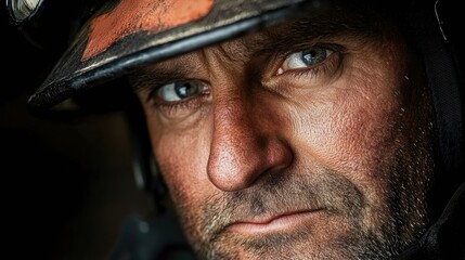 Close-up Portrait of Firefighter with Blue Eyes and Beard