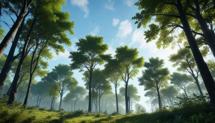 Fototapeta premium Silhouetted trees against a blue sky with green forest foliage and wildlife , green, animals, forest