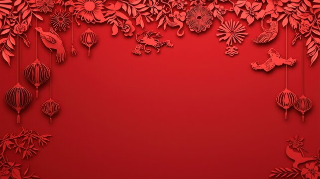 Elegant Red Background with Intricate Floral and Decorative Elements Perfect for Celebrations and Festive Occasions, Ideal for Invitations or Seasonal Projects