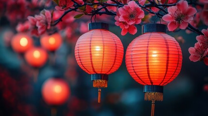 Festive red lanterns illuminate blooming garden at night