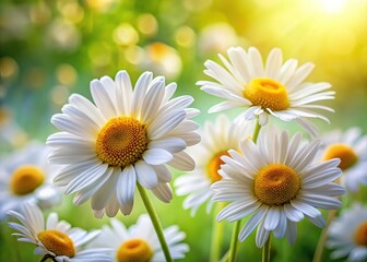 White Yellow Daisy Flowers Macro Photography, Closeup Blooming Daisies Green Background