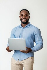 A Happy smiling American man holding laptop happy technology computer.