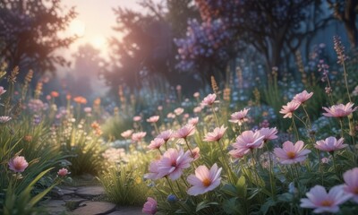 Fototapeta premium Softly glowing watercolor flowers in a dreamy, ethereal garden at dusk , soft glow, dreamy, natural light