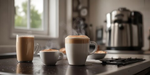Steaming milk on a stovetop with a cappuccino cup in the background,  steam, coffee,  drink