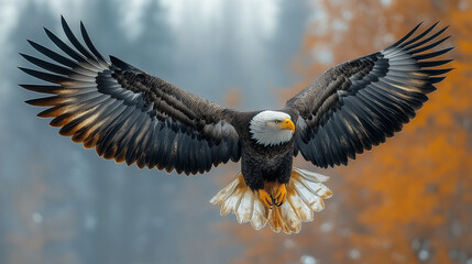 Obraz premium A majestic bald eagle soaring high in the sky with its wings spread wide.