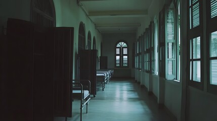 Hospital beds lined up in a crowded corridor, showcasing the challenges of healthcare systems under pressure. Overcrowding and resource management in medical facilities
