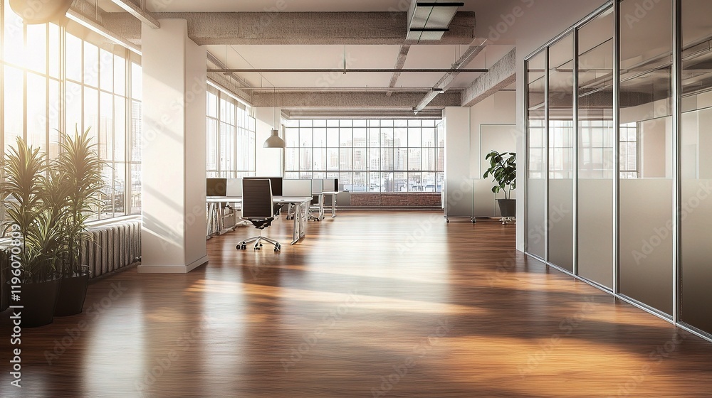 Poster bright and minimalist office space with open light and bokeh effects