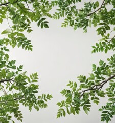 Fototapeta premium Tree branch with green leaves against white background, tree bark, botanical, leafy