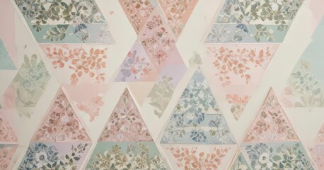 Triangular geometric shape with repeating prints of floral motifs in pastel colors,  geometric patterns,  fashion design,  pastel colors