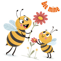 Two bees exchanging flowers with the text 'Bee Mine.' Romantic and playful illustration for Valentine's Day cards