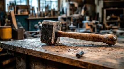 Vintage Woodworking Hammer on Workshop Bench