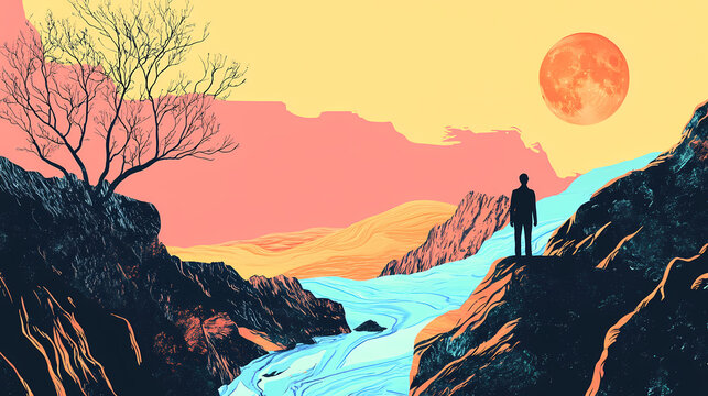 A serene landscape emerging from a chaotic mind, visualizing the journey from mental illness to rehabilitation mental illness, mental health, rehabilitation. Moonpetal. Illustration