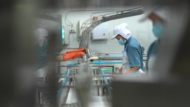 Workers handling seafood on assembly line in food processing facility Focus on safety precision and efficiency in industrial workflows. Industrial workers using equipment for fish can processing.