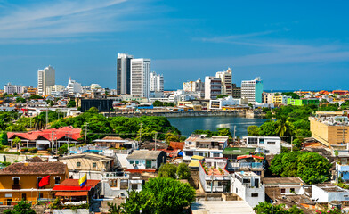 Skyline of Cartagena de Indias, Colombia, a blend of modern and old architecture, and contrasting...