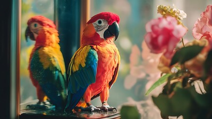 A stuffed parrot toy beside a mirror reflecting its colors