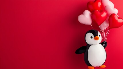 Obraz premium A stuffed penguin holding a bunch of heart shaped balloons Valentine's Day theme red background
