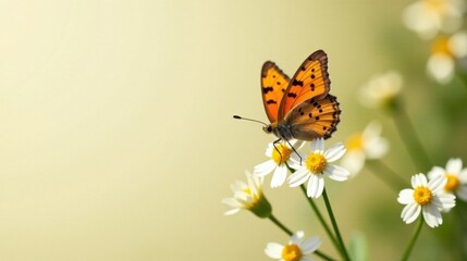 Obraz premium A delicate orange butterfly perched on a cluster of pristine white wildflowers, bathed in soft sunlight, creates a serene and idyllic natural scene.