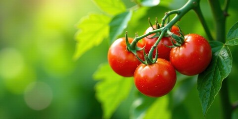 A cluster of ripe red tomatoes on the vine, surrounded by lush green foliage, bathed in soft sunlight