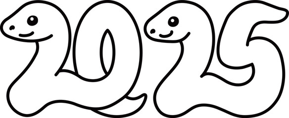 西暦2025年の巳年の蛇の白黒イラスト
