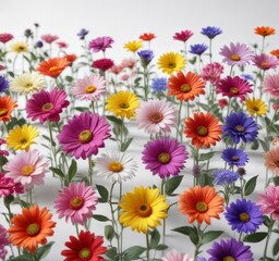 Fototapeta premium Colorful mix of different flower types and colors on a clean white surface, floral arrangement, blossoms