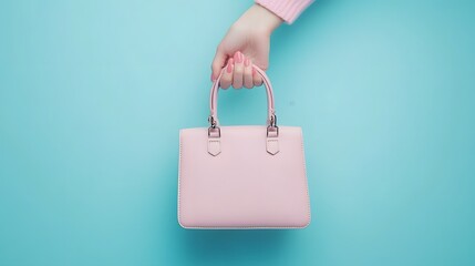 A hand holds a pale pink leather handbag