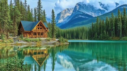 Fototapeta premium Wooden lodge reflecting on emerald lake in yoho national park, british columbia, canada