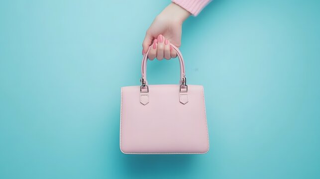 A hand holds a pale pink leather handbag - Powered by Adobe