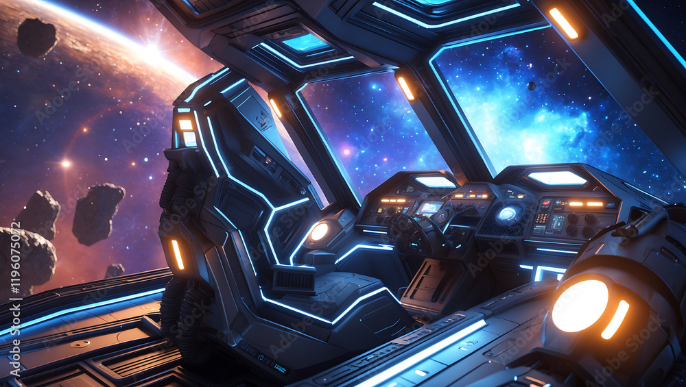 Poster futuristic spaceship cockpit view with nebula and asteroids in background