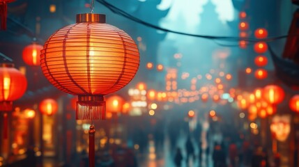 Illuminated Lanterns Hanging Festive Asian Street Night