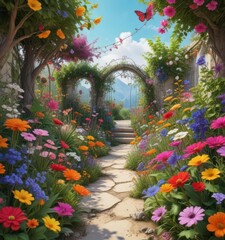 Obraz premium Vibrant flowers blooming in a whimsical garden with colorful doodles and vines , flowers, whimsical garden