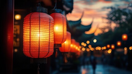 Illuminated lanterns glow at sunset, Asian street scene