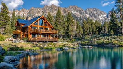 Fototapeta premium Luxurious log cabin reflecting in a tranquil mountain lake