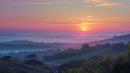 Fototapeta premium Majestic Sunrise Over Rolling Hills with a Misty Veil in the Morning Light