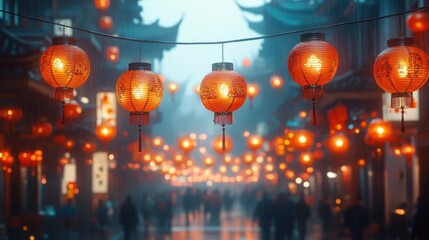 Foggy Chinese street, lanterns hanging, people walking, festival celebration