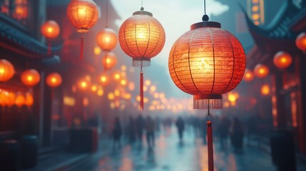 Foggy Asian street, lanterns, crowd, celebration, rain