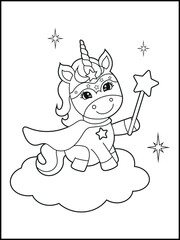 Superhero Unicorn Coloring Page for Kids. A Fun and Printable Black and White Activity Sheet for Kindergarten.
