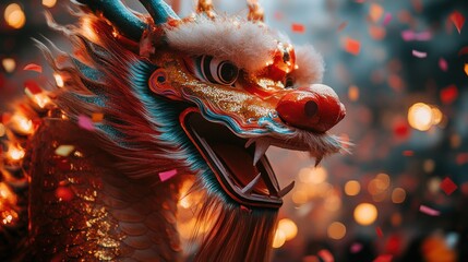 Naklejka premium Dragon dance, festival, parade, confetti, celebration, China, New Year, performance, close-up, vibrant