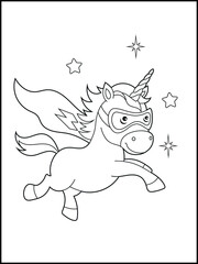 Superhero Unicorn Coloring Page for Kids. A Fun and Printable Black and White Activity Sheet for Kindergarten.
