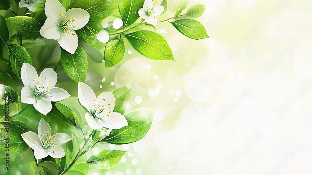 Poster fresh spring design on white background with minimal lines and greenery