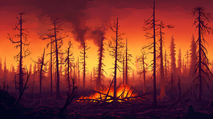 Fototapeta premium Wildfire devastation: charred forest remnants at sunset in intense heat. Frostflare. Illustration