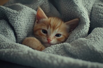 Cozy ginger kitten nestled in a soft blanket during a calm indoor afternoon. Generative AI