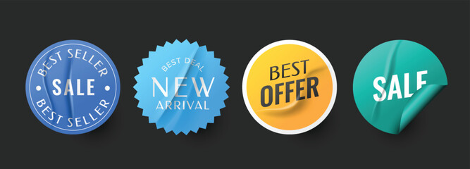 Sale stickers realistic collection. Promotional price tags, emblem, stamps. Premium product special offer.